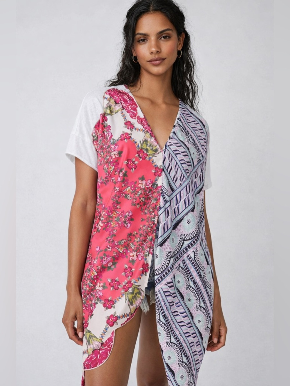 Free People Pick Your Scarf Tee Boho Patchwork Print Top Women Size S